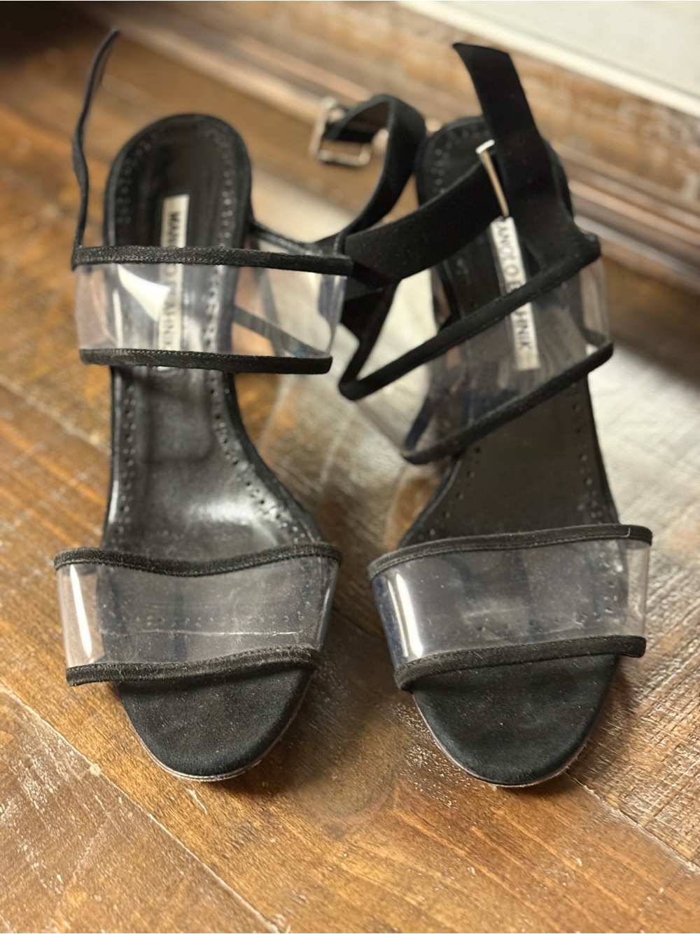 Manolo Black and Clear Strappy Block Heel Sandals